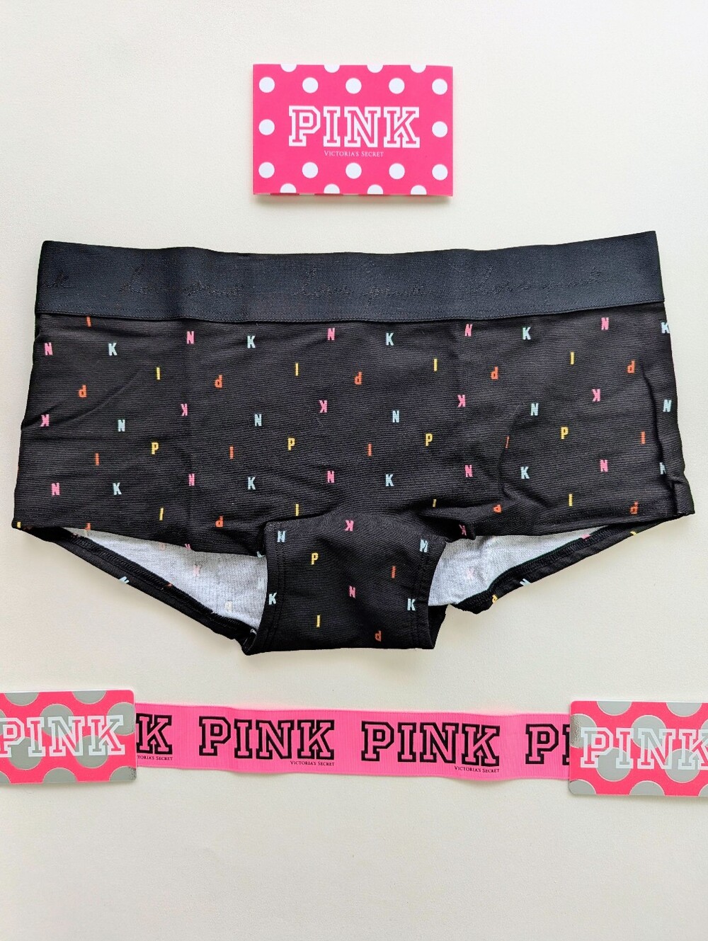 Nwt PINK Victoria's Secret Black Boyshorts Rainbow Logo Print Medium new VS pink